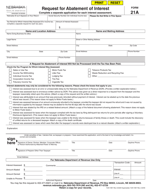 Form 21A Request for Abatement of Interest - Nebraska