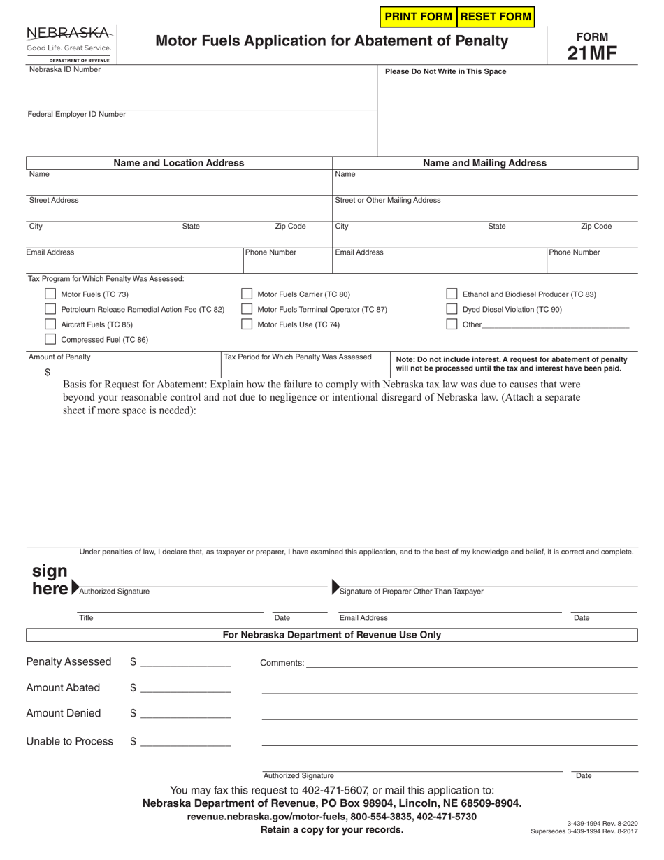 Form 21MF Motor Fuels Application for Abatement of Penalty - Nebraska, Page 1