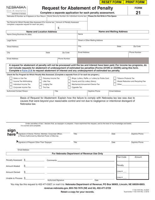 Form 21 Request for Abatement of Penalty - Nebraska