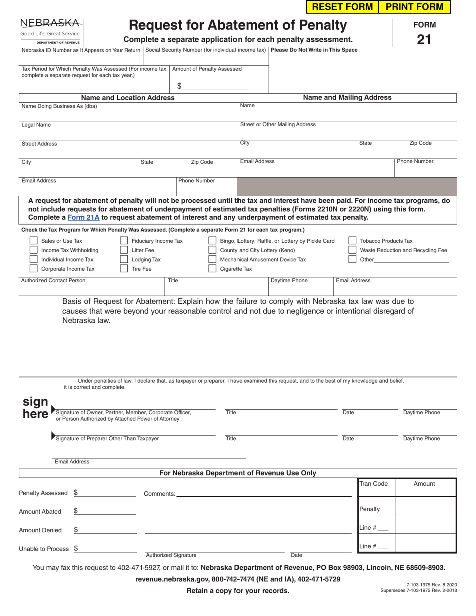 Form 21 Request for Abatement of Penalty - Nebraska, Page 1