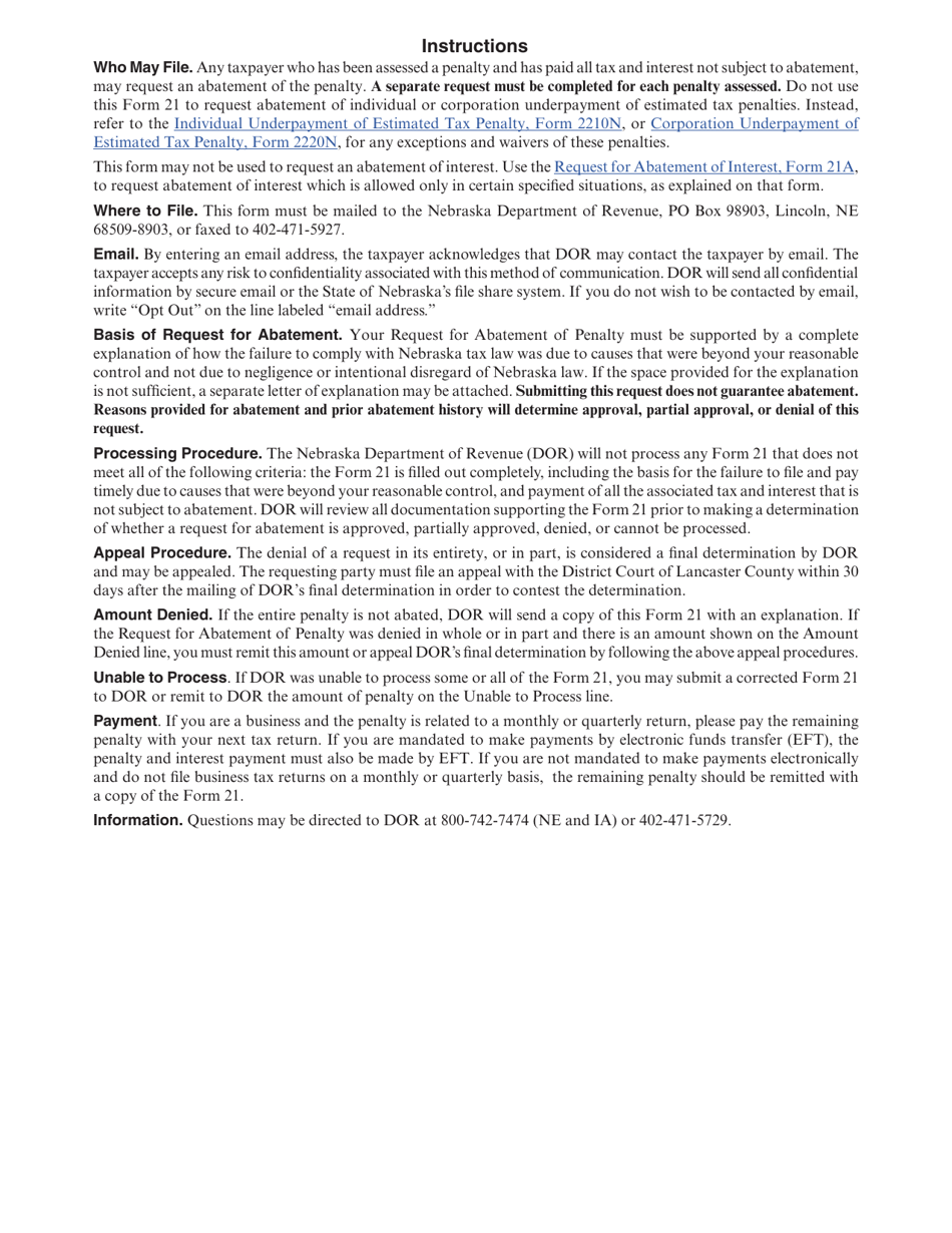 Form 21 Request for Abatement of Penalty - Nebraska, Page 2
