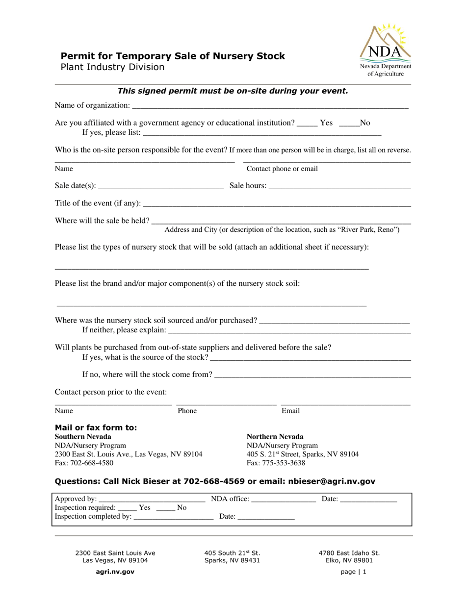 Permit for Temporary Sale of Nursery Stock - Nevada, Page 1