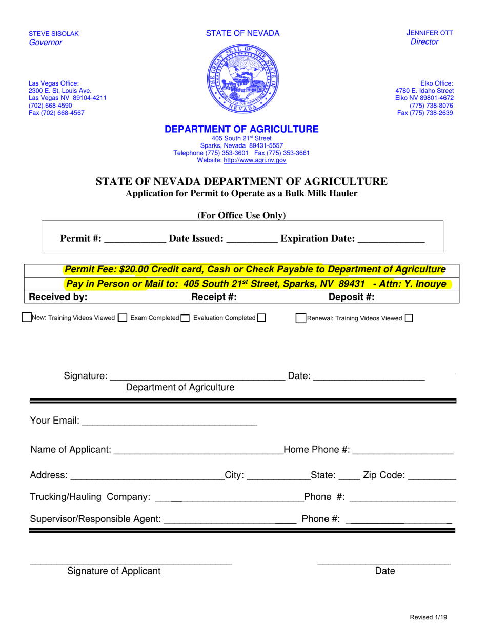 Application for Permit to Operate as a Bulk Milk Hauler - Nevada, Page 1