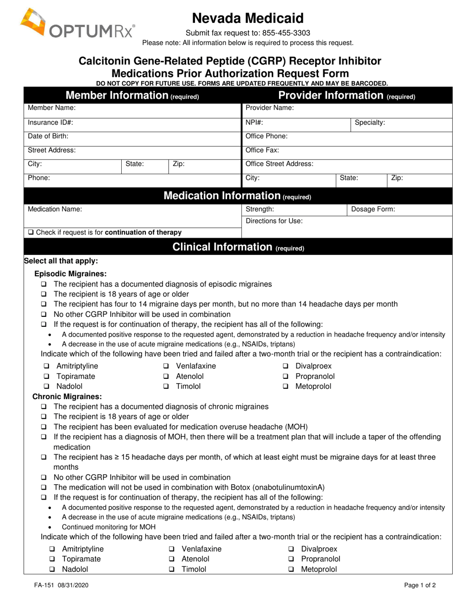 Form FA-151 Calcitonin Gene-Related Peptide (Cgrp) Receptor Inhibitor Medications Prior Authorization Request Form - Nevada, Page 1