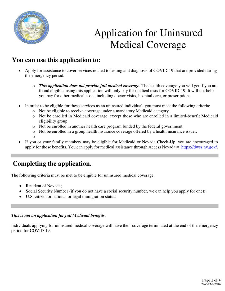 Form 2965-EM Application for Uninsured Medical Coverage - Nevada, Page 1