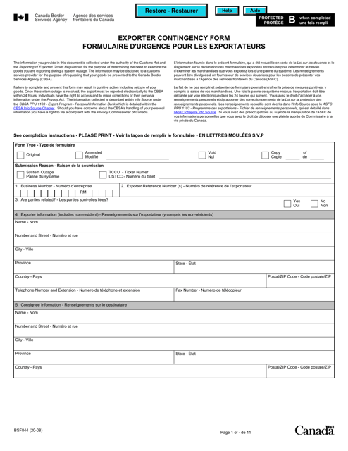 Form BSF844 Exporter Contingency Form - Canada (English/French)