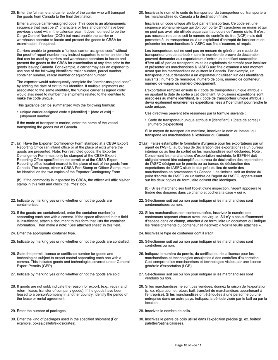 Form BSF844 Exporter Contingency Form - Canada (English / French), Page 10