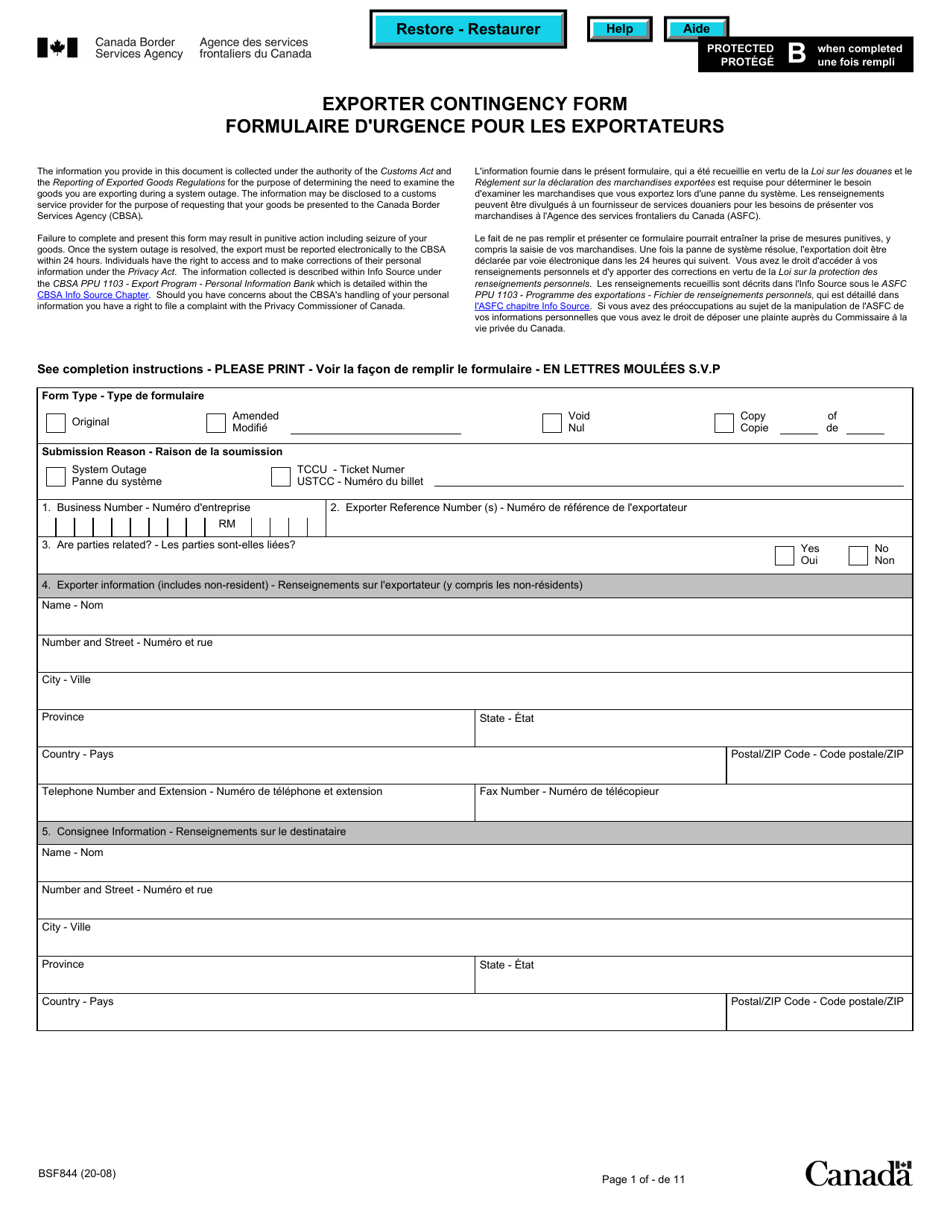 Form BSF844 Exporter Contingency Form - Canada (English / French), Page 1