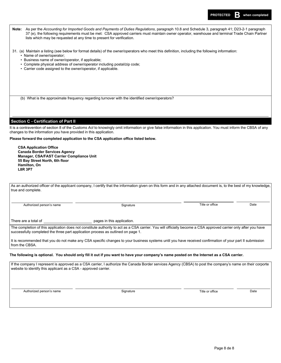 Form E656 (BSF625) Part II Customs Self Assessment Program Carrier Application - Canada, Page 8