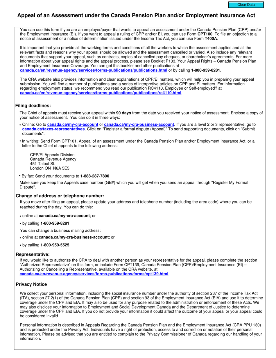 Form CPT101 Appeal of an Assessment Under the Canada Pension Plan and / or Employment Insurance Act - Canada, Page 2