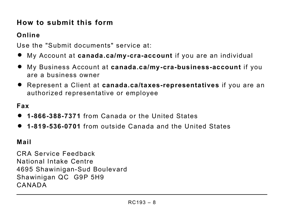Form RC193 Service Feedback (Large Print) - Canada, Page 8