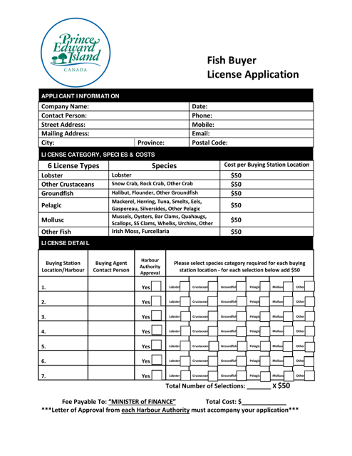 Fish Buyer License Application - Prince Edward Island, Canada