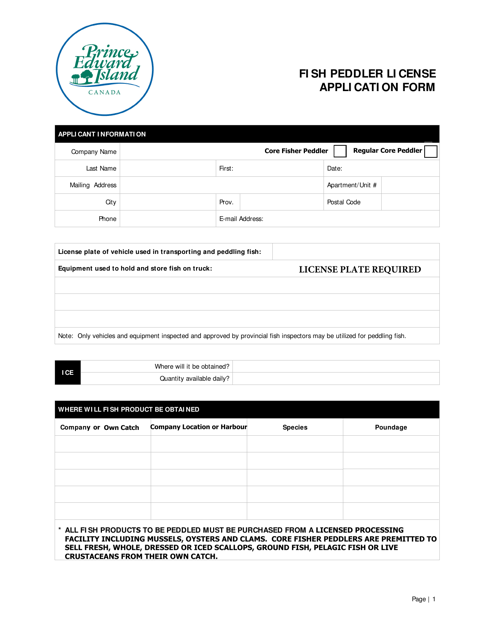 Fish Peddler License Application Form - Prince Edward Island, Canada Download Pdf