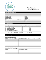 Document preview: Fish Processor License Application - Prince Edward Island, Canada