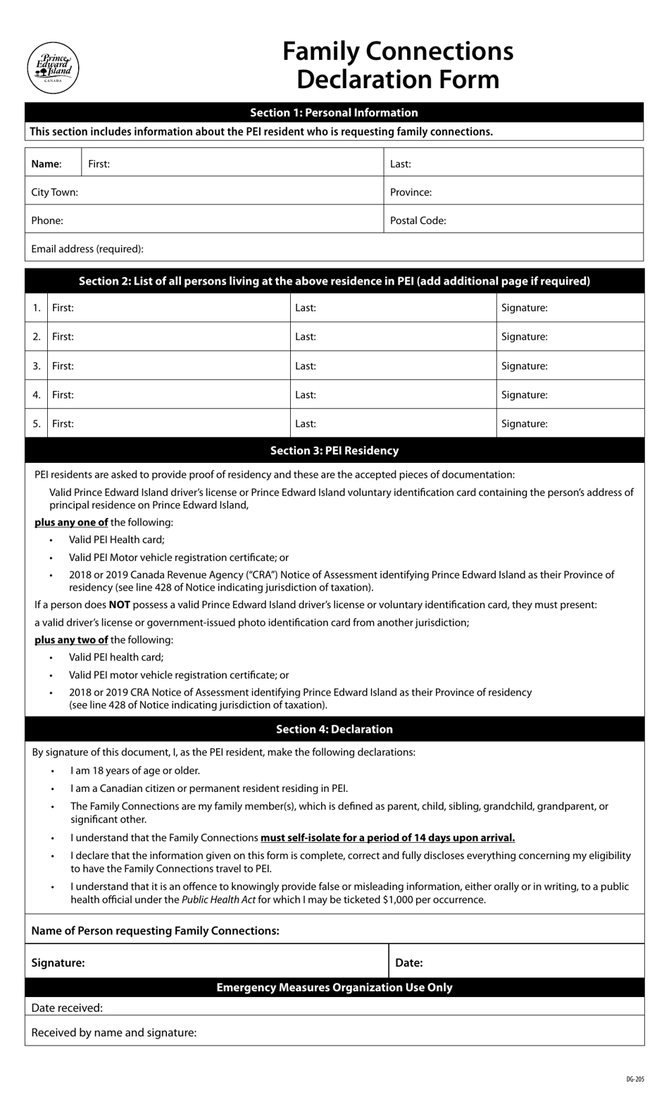 Form DG-205 Family Connections Declaration Form - Prince Edward Island, Canada, Page 1
