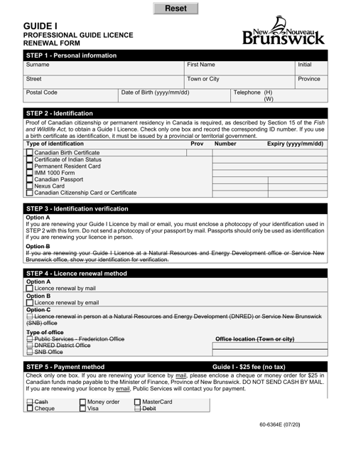 Form 60-6364E Guide I - Professional Guide Licence Renewal Form - New Brunswick, Canada