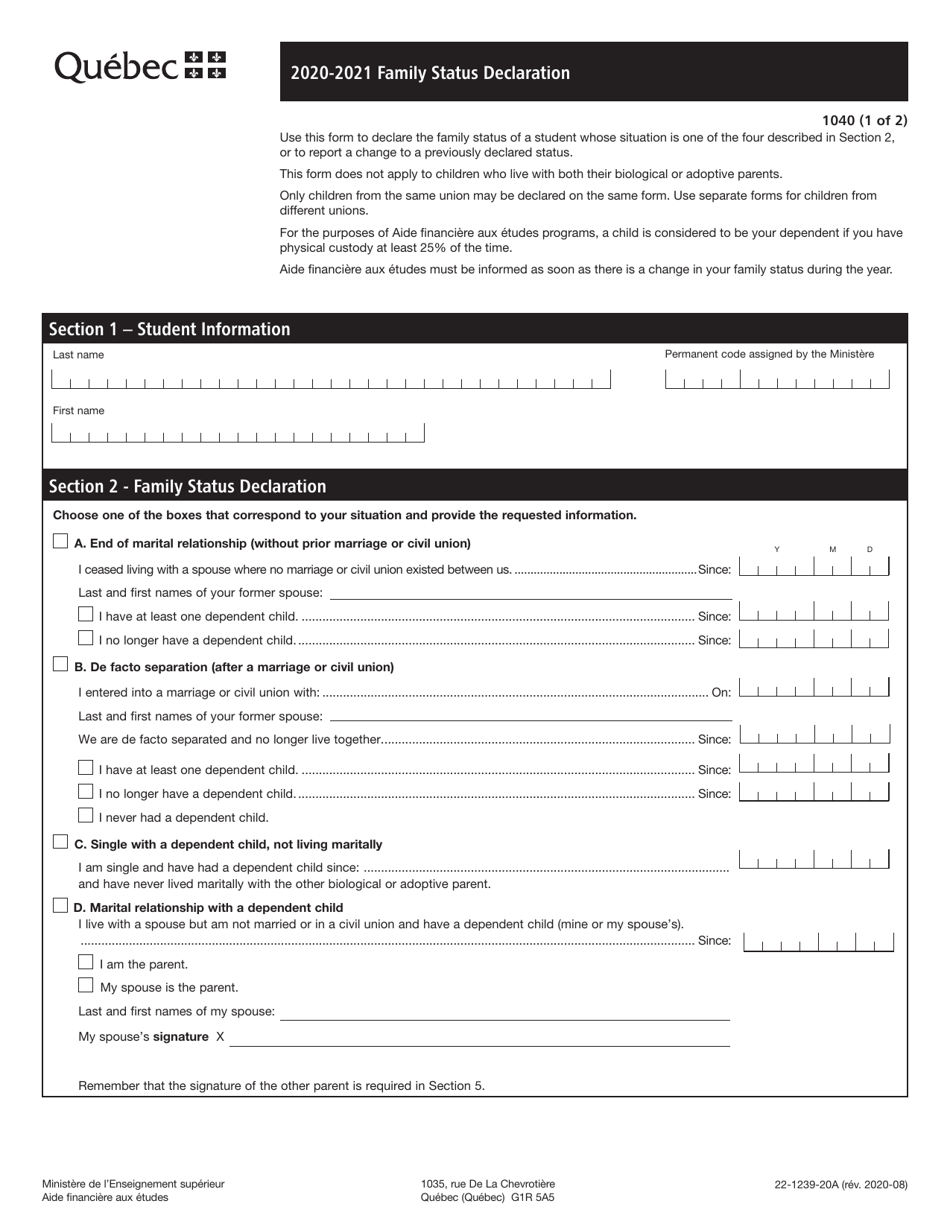 Form 22 1239 20a Download Printable Pdf Or Fill Online Family Status Declaration 2021 Quebec Canada Templateroller