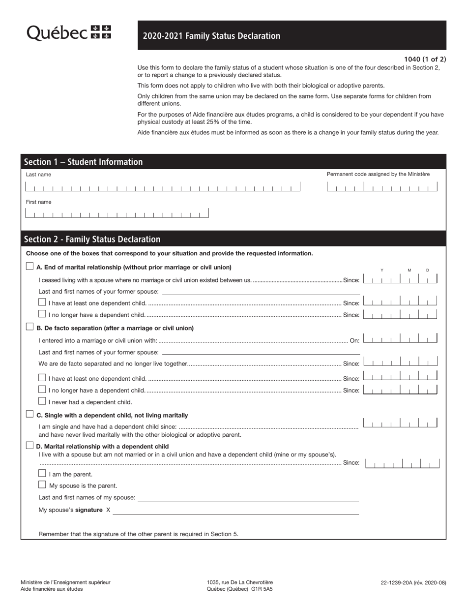Form 22-1239-20A Family Status Declaration - Quebec, Canada, Page 1