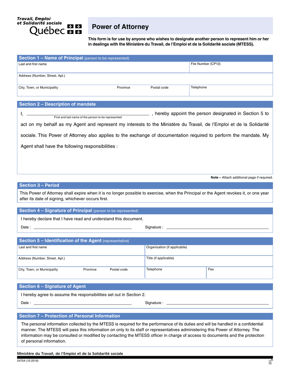 Form 2475A Power of Attorney - Quebec, Canada, Page 1