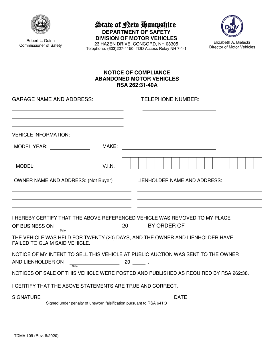 Form TDMV109 Notice of Compliance - Abandoned Motor Vehicles - New Hampshire, Page 1