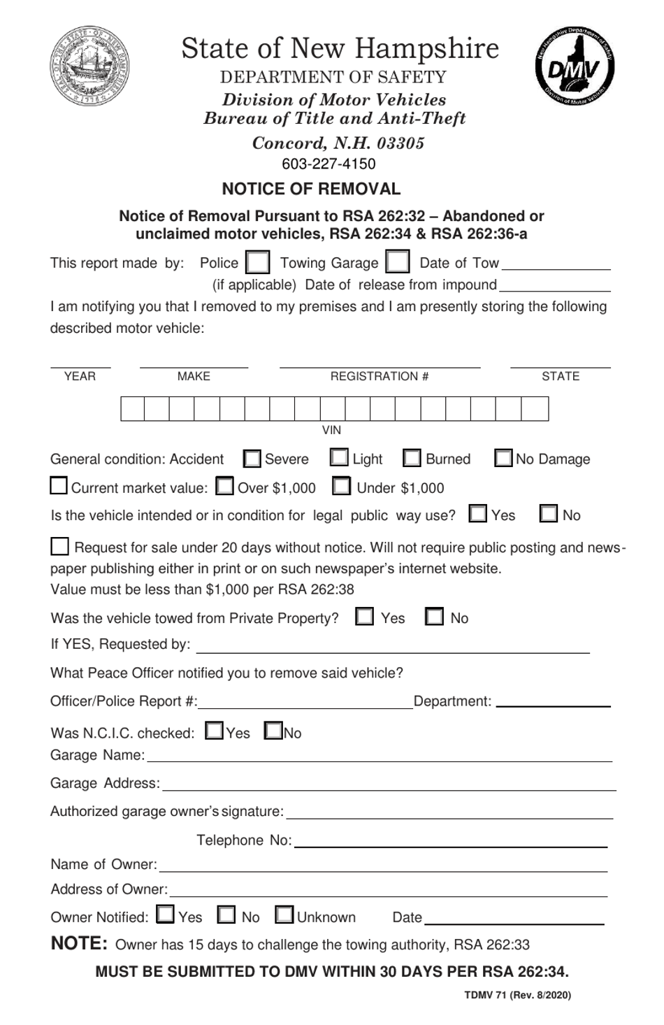 Form TDMV71 Notice of Removal - New Hampshire, Page 1