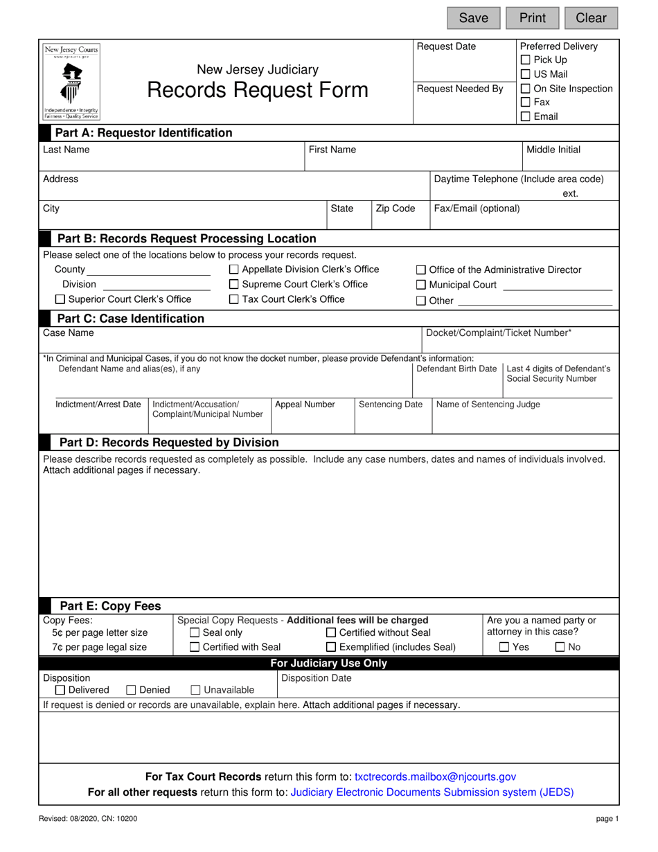 Form 10200 Records Request Form - New Jersey, Page 1