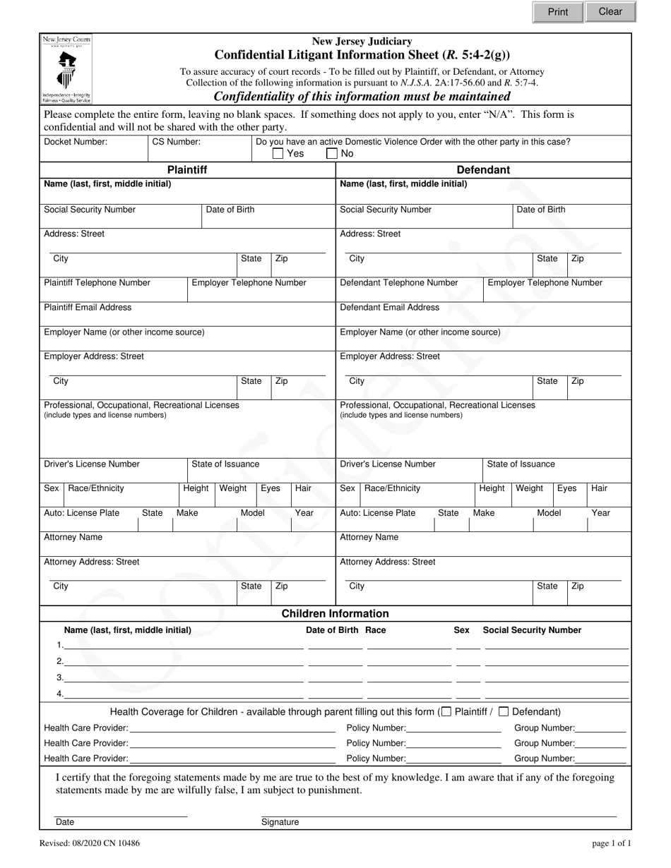 Form 10486 Confidential Litigant Information Sheet - New Jersey, Page 1