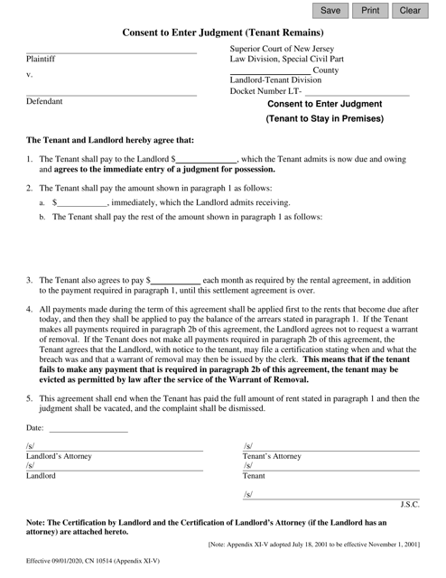 Form 10514 Appendix XI-V Consent to Enter Judgment (Tenant Remains) - New Jersey