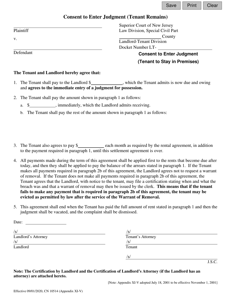 Form 10514 Appendix XI-V Consent to Enter Judgment (Tenant Remains) - New Jersey, Page 1
