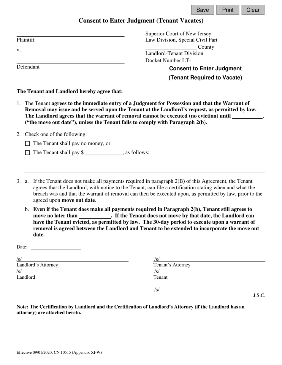 Form 10515 Appendix XI-W Consent to Enter Judgment (Tenant Vacates) - New Jersey, Page 1