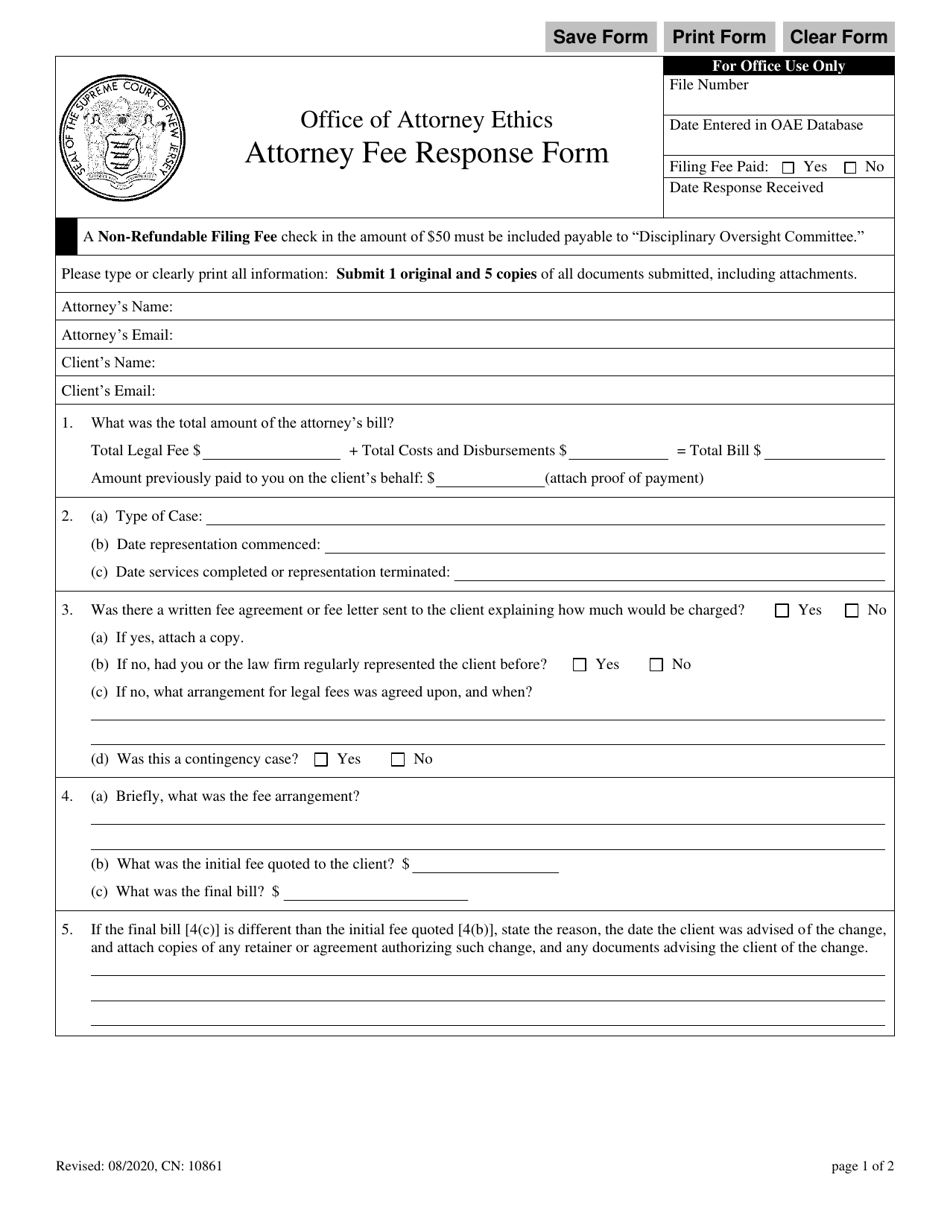 Form 10861 Attorney Fee Response Form - New Jersey, Page 1