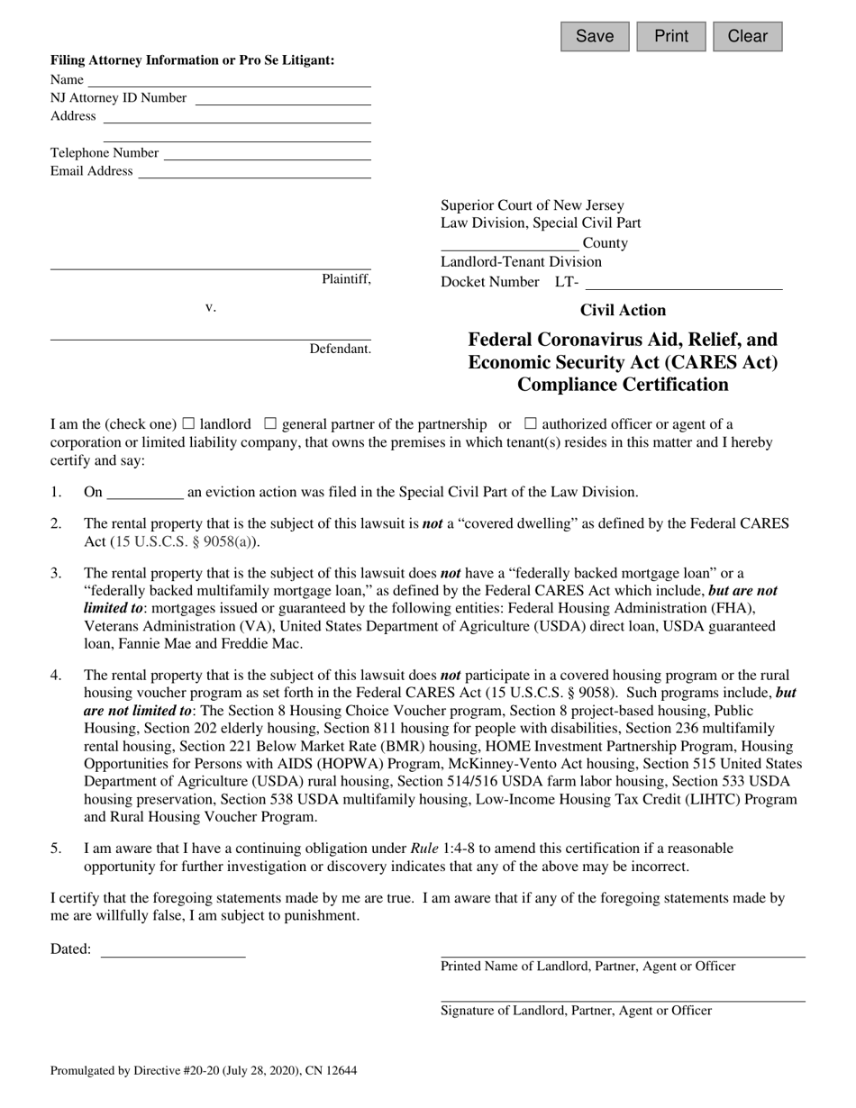 Form 12644 Federal Coronavirus Aid, Relief, and Economic Security Act (CARES Act) Compliance Certification - New Jersey, Page 1