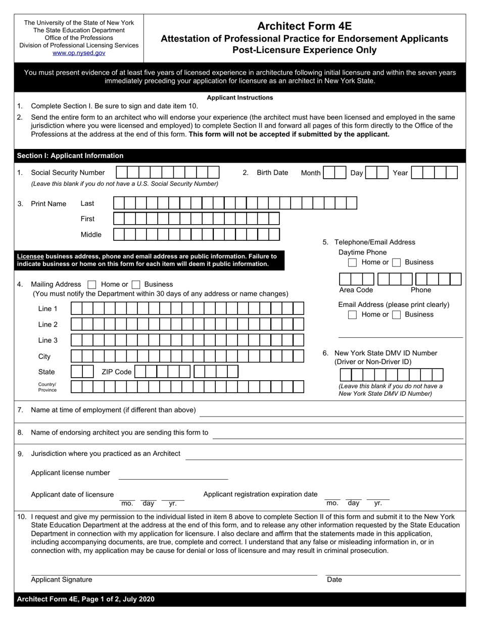 Architect Form 4E Attestation of Professional Practice for Endorsement Applicants Post-licensure Experience Only - New York, Page 1