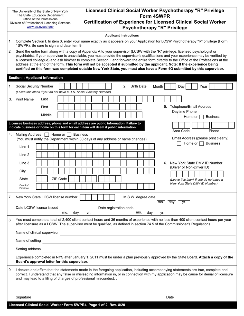 Licensed Clinical Social Worker Psychotherapy R Privilege Form 4SWPR Certification of Experience for Licensed Clinical Social Worker Psychotherapy r Privilege - New York, Page 1