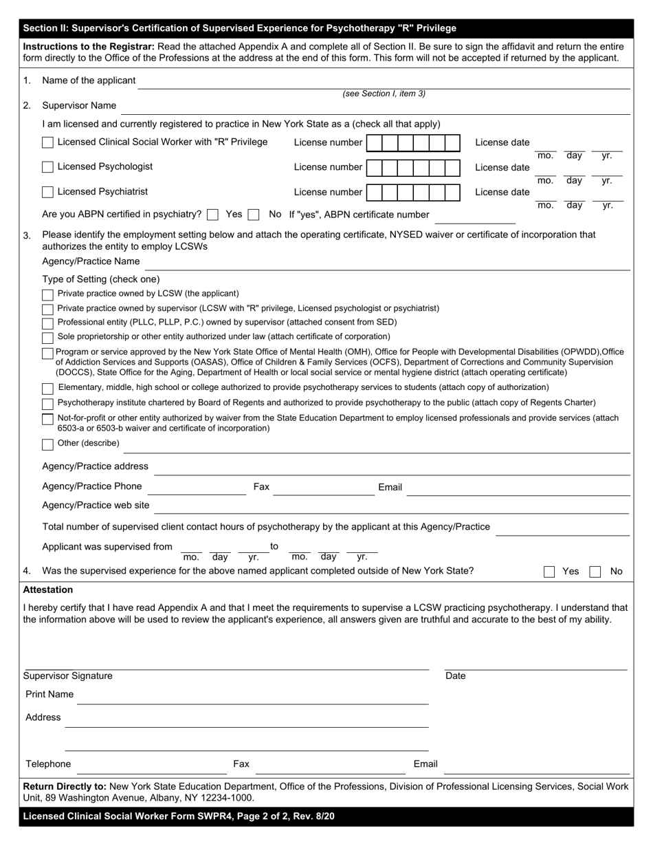 Licensed Clinical Social Worker Psychotherapy R Privilege Form 4SWPR Certification of Experience for Licensed Clinical Social Worker Psychotherapy r Privilege - New York, Page 2