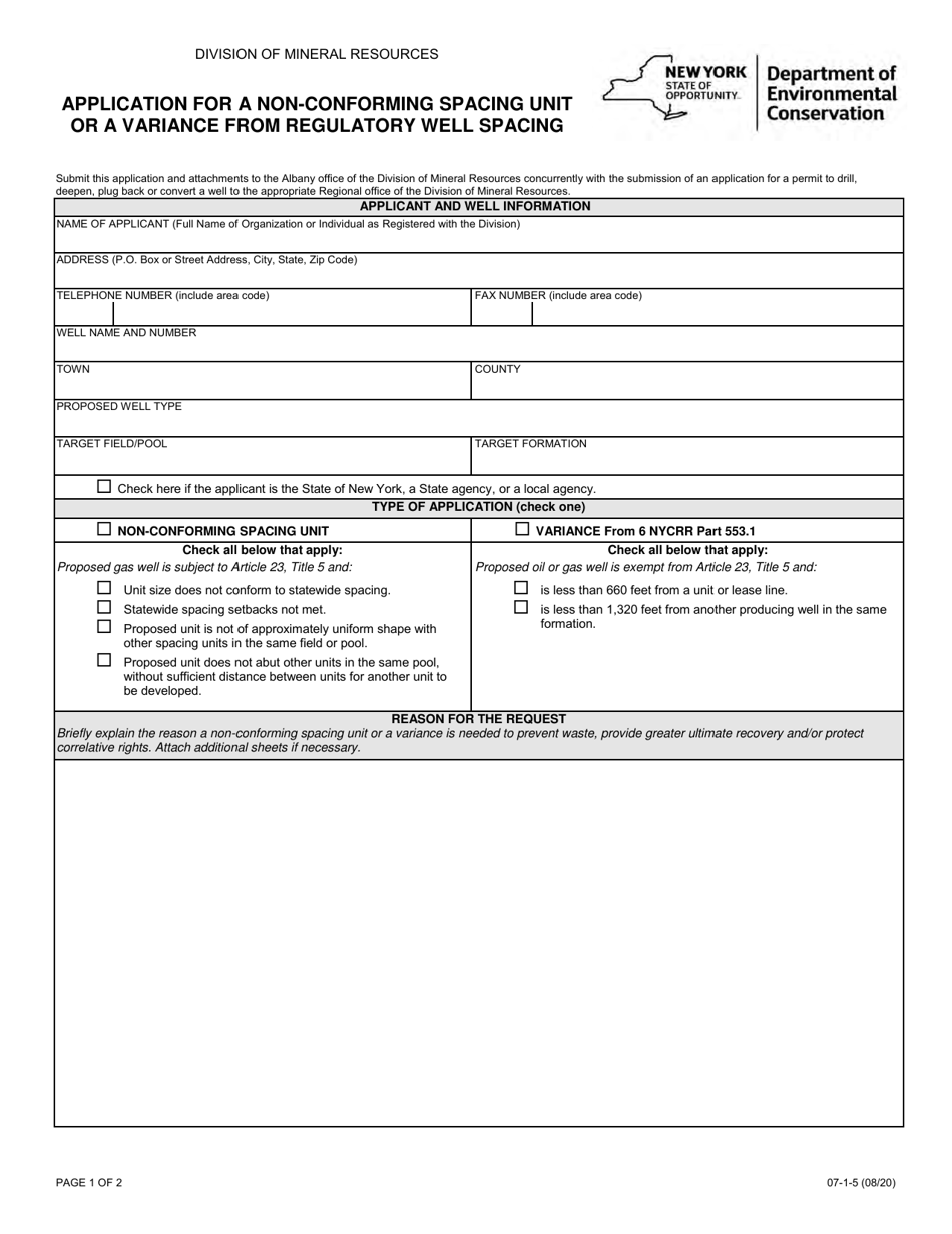 Form 07-1-5 Application for a Non-confirming Spacing Unit or a Variance From Regulatory Well Spacing - New York, Page 1