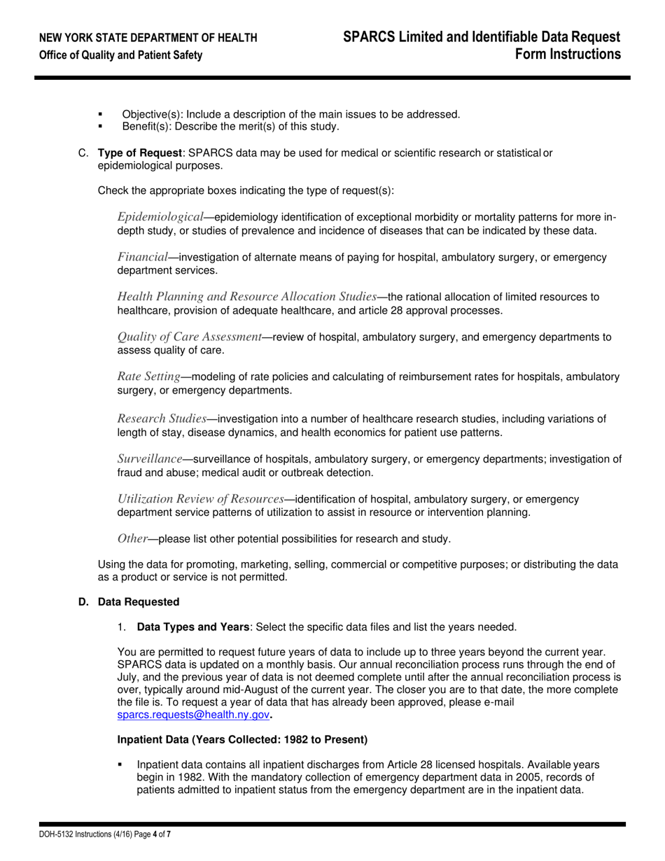 Instructions for Form DOH-5132 Sparcs Limited and Identifiable Data Request Form - New York, Page 5