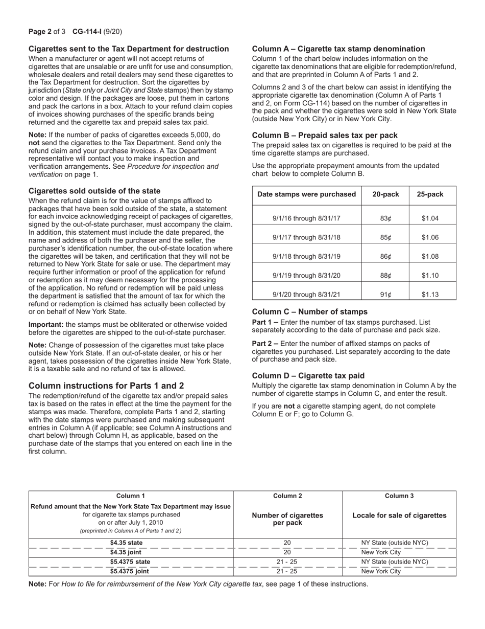 Instructions for Form CG-114 Claim for Redemption / Refund of Cigarette Tax Stamps and Prepaid Sales Tax - New York, Page 2