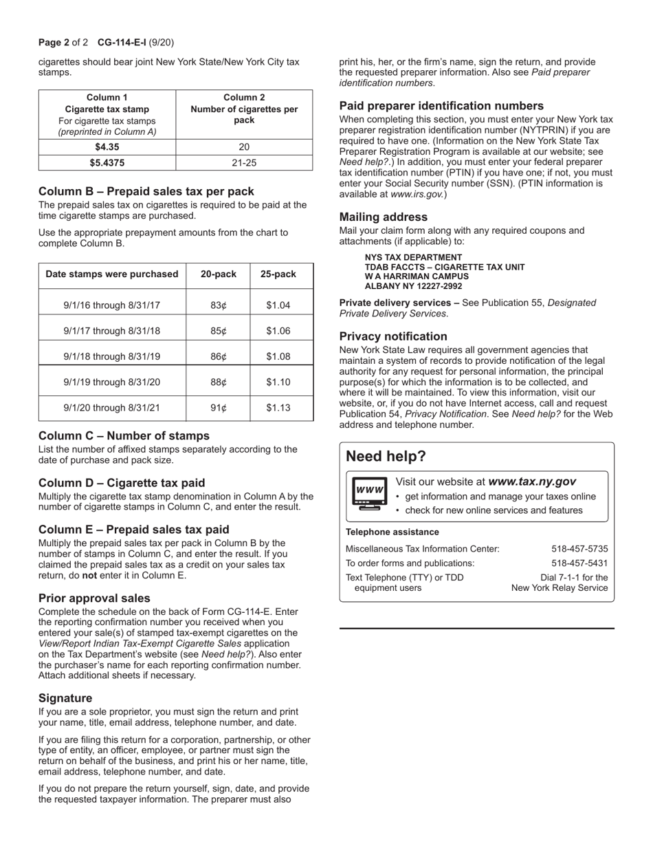 Instructions for Form CG-114-E Expedited Claim for Refund for Indian Tax-Exempt Cigarette Sales - New York, Page 2