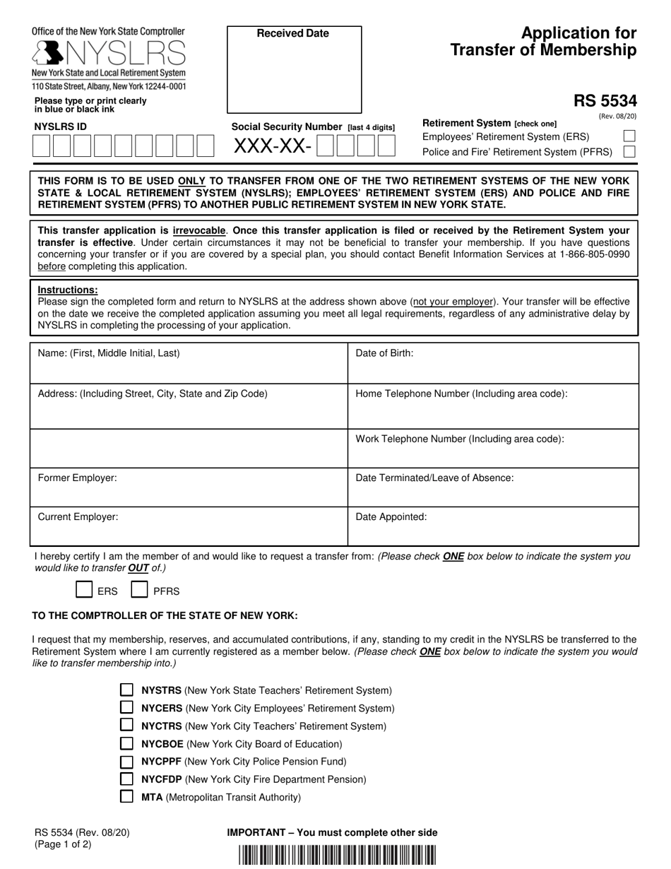 Form RS5534 Application for Transfer of Membership - New York, Page 1