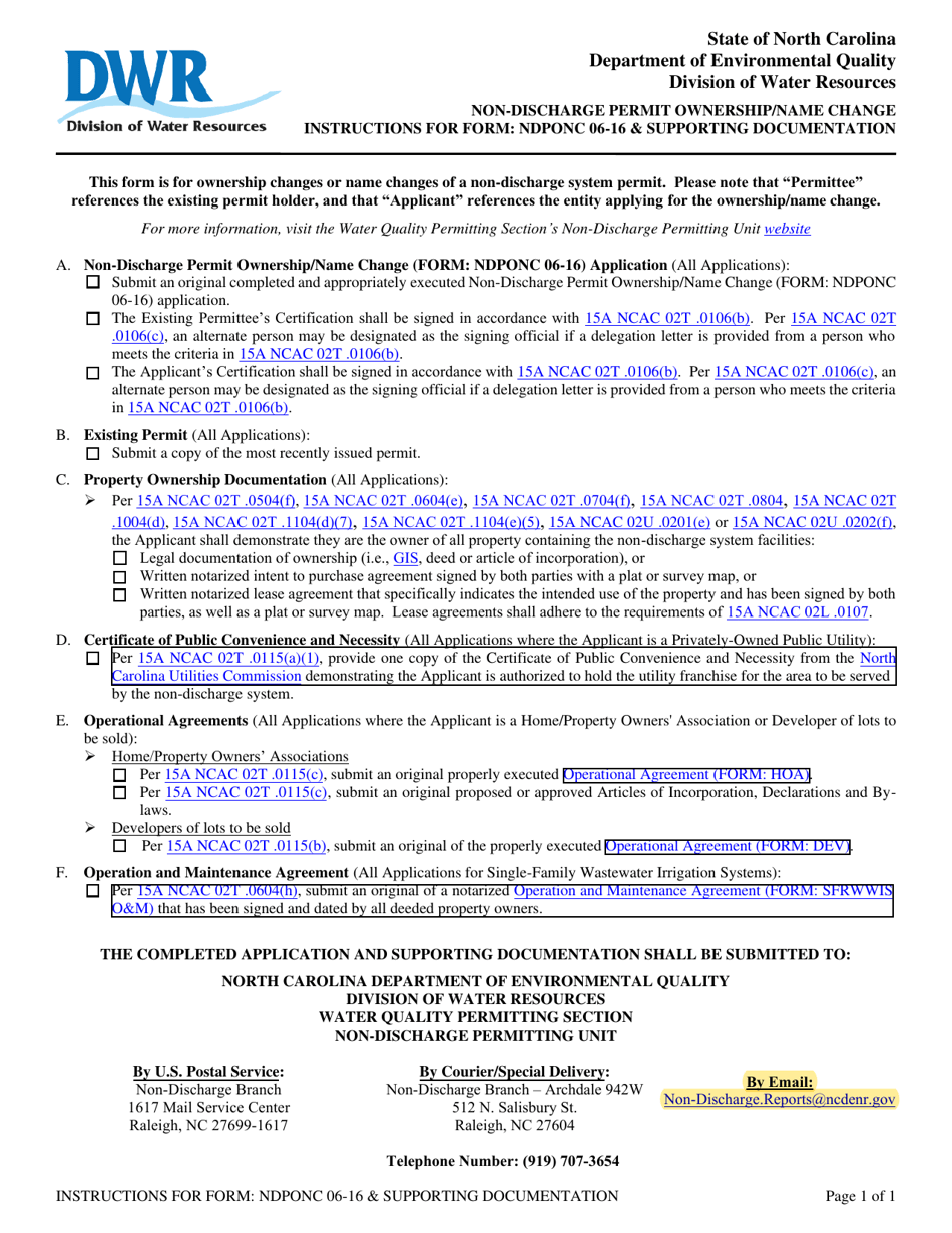 Form NDPONC06-16 Non-discharge Permit Ownership / Name Change - North Carolina, Page 1