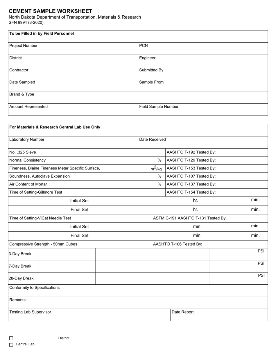 Form SFN9994 Download Fillable PDF or Fill Online Cement Sample ...