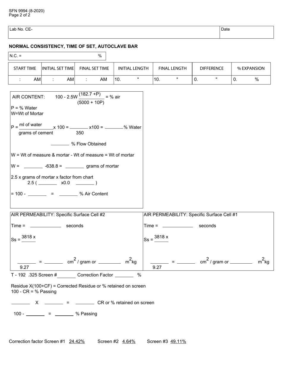 Form SFN9994 Cement Sample Worksheet - North Dakota, Page 2