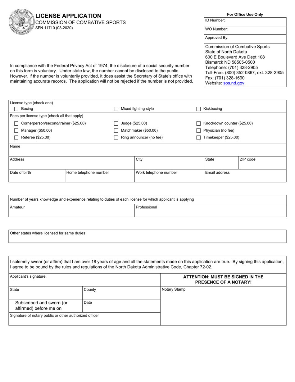 Form SFN11710 License Application - North Dakota, Page 1