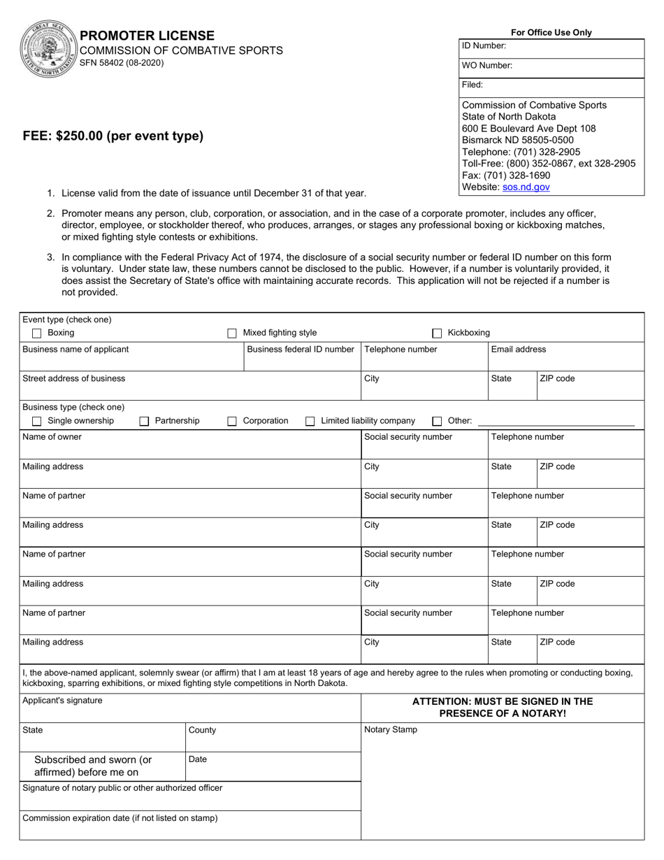 Form SFN58402 Promoter License - North Dakota, Page 1