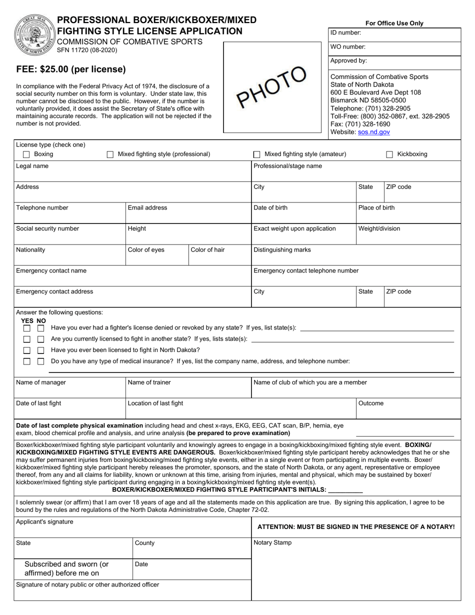 Form SFN11720 Professional Boxer / Kickboxer / Mixed Fighting Style License Application - North Dakota, Page 1