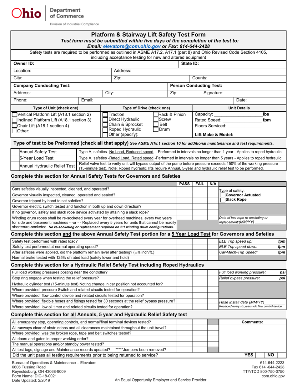 Form DIC-18-0021 Platform  Stairway Lift Safety Test Form - Ohio, Page 1