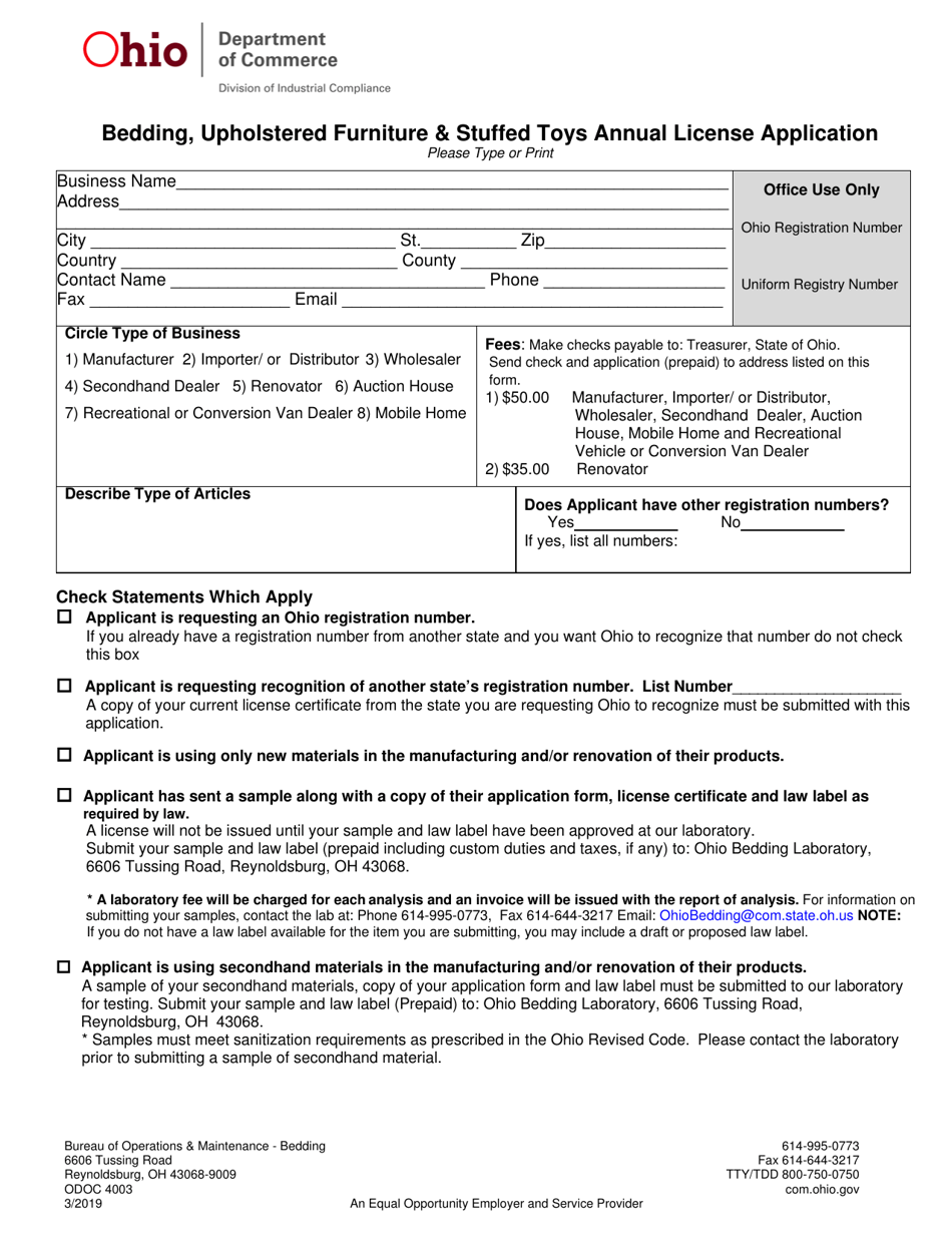 Form ODOC4003 Bedding, Upholstered Furniture  Stuffed Toys Annual License Application - Ohio, Page 1