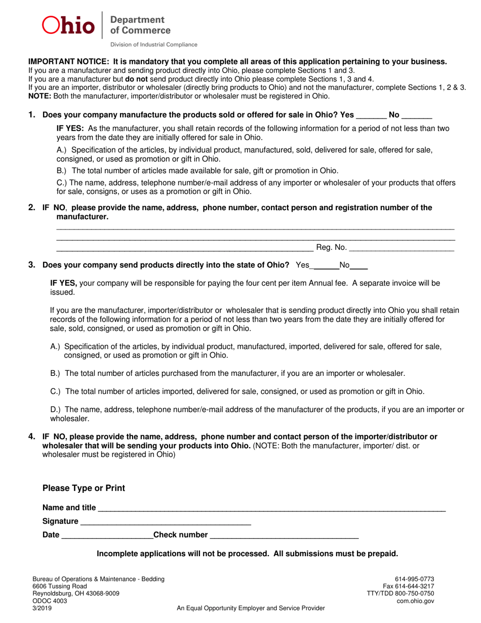 Form ODOC4003 Bedding, Upholstered Furniture  Stuffed Toys Annual License Application - Ohio, Page 2