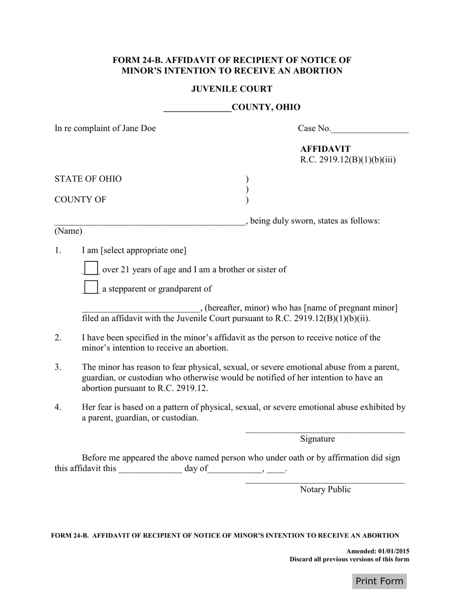 Form 24-B Affidavit of Recipient of Notice of Minors Intention to Receive an Abortion - Ohio, Page 1